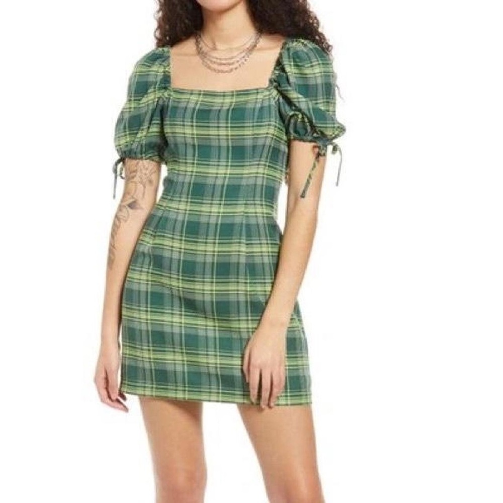 BP Women's Green Puff Sleeve Square Neck Plaid Mini Dress - Size S Small